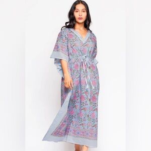 Sevya handmade Blue & Pink Anjali Block Print Caftan Dress one size brand new